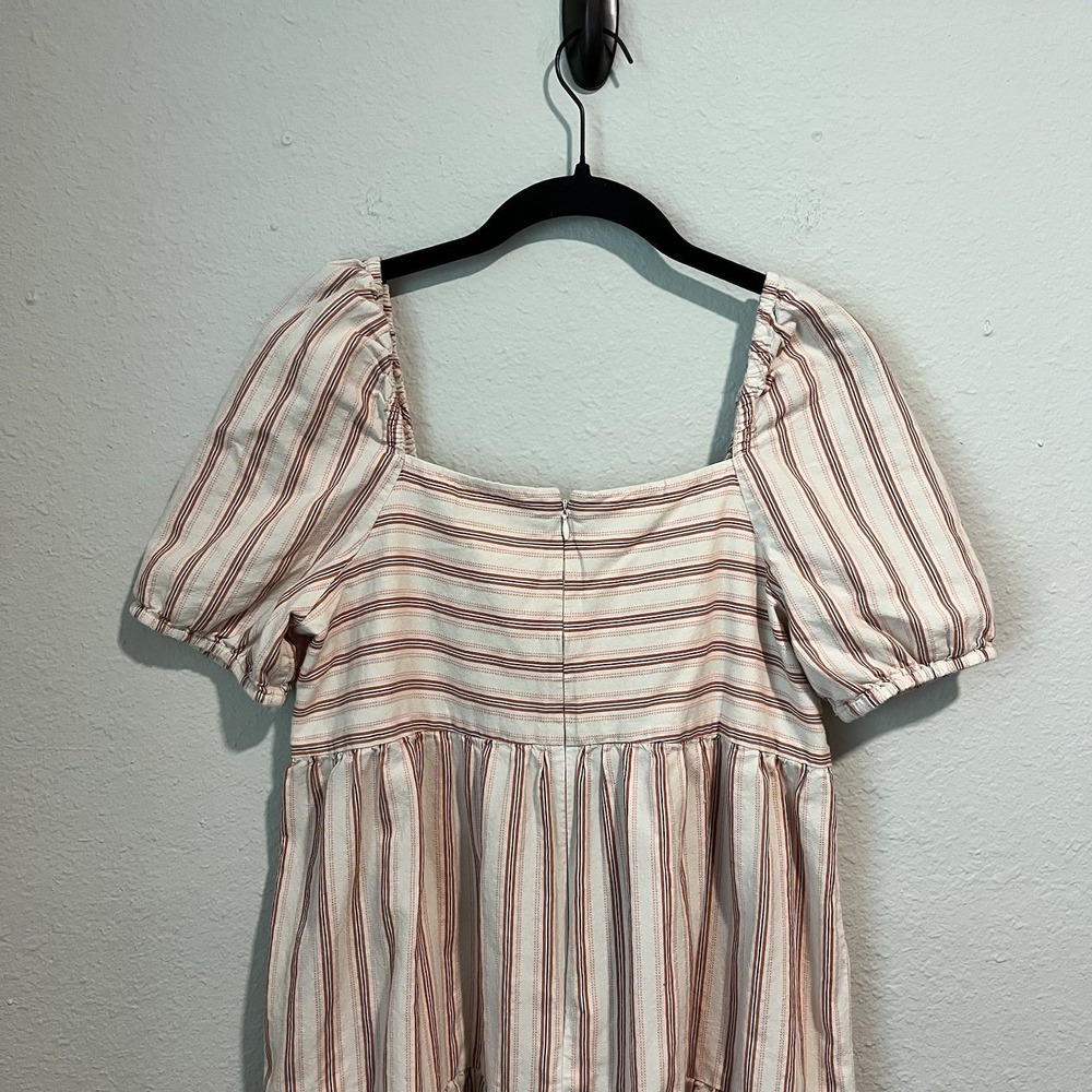 LOFT Women's Mini Dress Size 2 Red Pink Striped Puff Sleeve Babydoll Summery - Picture 7 of 13